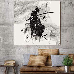 Lienzo de samurái en tinta negra, con efecto de agua