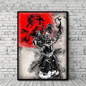 Épico cuadro de un samurái junto a un símbolo de dragón
